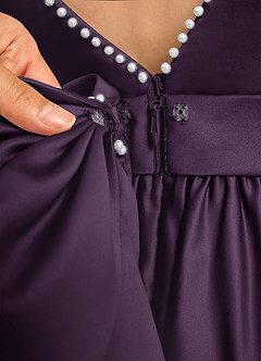 Azazie Dumpling vestidos de niña de las flores Vestido de Ciruela de Satin Mate de Corte En A con Lazo image7