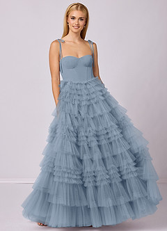 Barbie ♥ Azazie Vestidos de damas de honor Vestido de Azul Polvoriento de Tul de Corte en A con Escote de Corazón image4