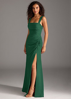 Azazie Jesaphine Vestidos de damas de honor Vestido de Verde Oscuro de Gasa de Corte Recto con Lazo image3