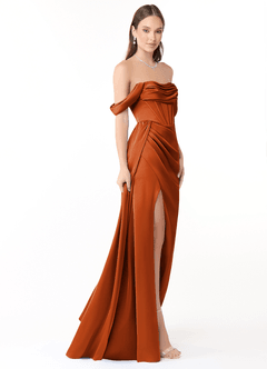 Azazie Amyra Vestidos de damas de honor Vestido de Naranja Quemada de Satén Elástico de Corte Recto Convertible con Vestidos sin tirantes image4