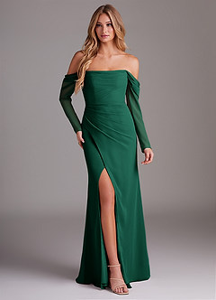 Azazie Hallie Bridesmaid Dresses Emerald Mermaid Long Sleeve Chiffon Dress image1