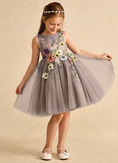 Azazie Prima Flower Girl Dresses Taupe A-Line Bow Tulle Dress image3