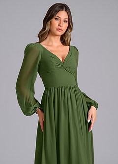 Azazie Zeya Bridesmaid Dresses Olive A-Line Long Sleeve Chiffon Dress image5