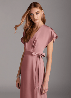 Azazie Nico Robes de demoiselle d'honneur Robe Trapèze en Satin extensible Col en V Rose Poussiéreuse image6