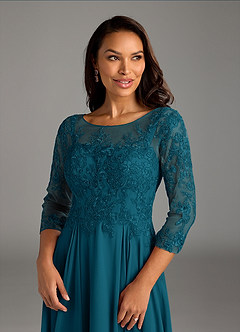 Azazie Marge At-home Try On Dresses Ink Blue A-Line Scoop Lace Chiffon Dress image5