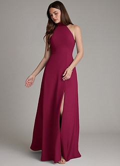 Azazie Myra Bridesmaid Dresses Burgundy A-Line High Neck Chiffon Dress image4