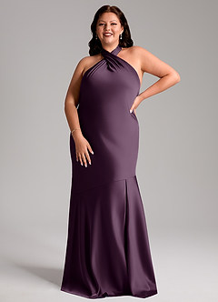 Azazie Lorena Bridesmaid Dresses Plum Mermaid Pleated Stretch Satin Dress image7