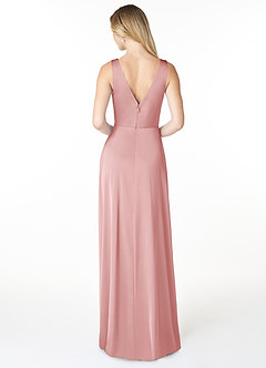 Azazie Nelly Vestidos de damas de honor Vestido Rosa Empolvado de Satén Elástico de Línea A con Cuello en V Plisado image2