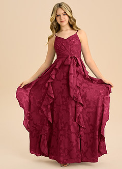 Azazie Peyton Junior Linie A Plisat Floral Burnout Lungime până la podea Domnișoară de onoare junioră Rochie image3