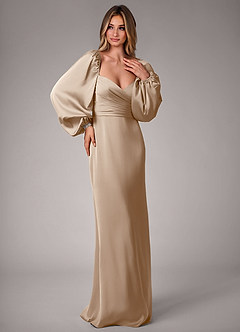 Azazie Sonata Bridesmaid Dresses Taupe Sheath Long Sleeve Stretch Satin Convertible Dress image4