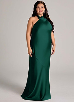 Azazie Velli Bridesmaid Dresses Emerald Mermaid High Neck Stretch Satin Dress image4