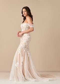 Azazie Leilani Vestidos de novia Vestido de Blanco Diamante Nude de Tul de Corte Sirena con Lentejuela image1