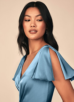 Azazie Soren Bridesmaid Dresses Steel Blue A-Line Pleated Stretch Satin Dress image6