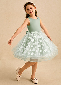 Azazie Billie Flower Girl Dresses Dusty Sage Ball-Gown Pleated Matte Satin Dress image1