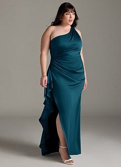 Azazie Latrice Bridesmaid Dresses Ink Blue Sheath One Shoulder Cascading Ruffles Stretch Satin Dress image9