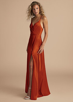 Azazie Davis Jurken voor bruidsmeisjes Jurk van Metaalachtig Satijn met A-Lijn Geplooid Paprika image6