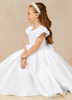 Azazie Jewel Flower Girl Dresses White Ball-Gown Pleated Matte Satin Dress image3