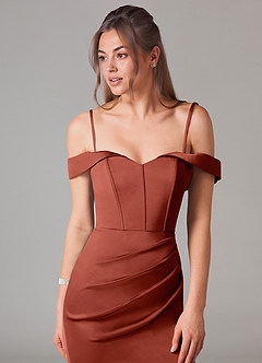 Azazie Everly Bridesmaid Dresses Terracotta Mermaid Off the Shoulder Stretch Satin Convertible Dress image2