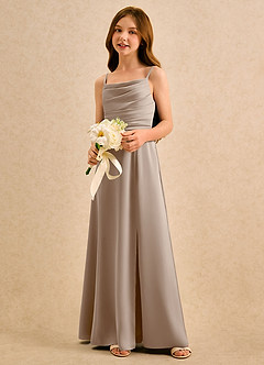 Azazie Chamomile Girls Formal Flower Girl Dresses Taupe A-Line Pleated Stretch Satin Dress image3