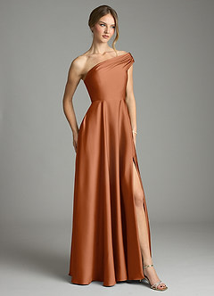 Azazie Melanie Bridesmaid Dresses Copper A-Line Off the Shoulder Stretch Satin Dress image5