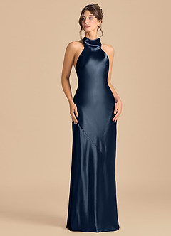 Azazie Velli Bridesmaid Dresses Dark Navy Sheath High Neck Metallic Satin Dress image2