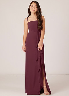Azazie Kaylee Junior Cabernet A-Line with Belt Chiffon Dress image1