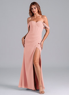 Azazie Asha Bridesmaid Dresses Rosette Sheath Off the Shoulder Chiffon Convertible Dress image1