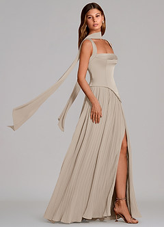 Azazie Stephanie 신부 들러리 드레스 A라인 주름진 스트레치 새틴 바닥 길이 드레스 image3