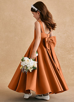 Azazie Honey Bear Flower Girl Dresses Copper A-Line Pleated Matte Satin Dress image4
