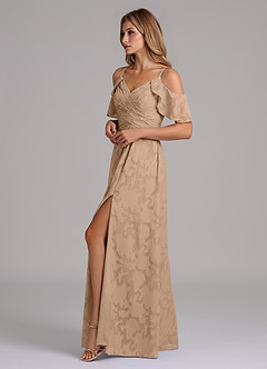 Azazie Dakota Bridesmaid Dresses Champagne A-Line Off the Shoulder Floral Burnout Dress image6