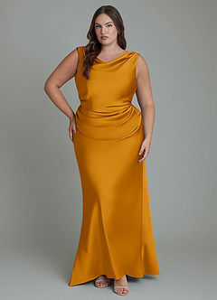 Azazie Kieryn Robes de demoiselle d'honneur Robe Sirène en Satin extensible Plissé Caramel écossais image7