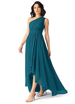 Azazie Mathilda Bridesmaid Dresses Ink Blue A-Line One Shoulder Chiffon Dress image3