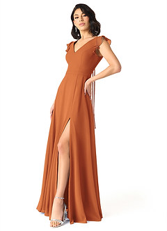 Azazie Claudine Bridesmaid Dresses Cinnamon A-Line Flutter Sleeve Chiffon Dress image3