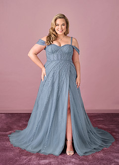Barbie ♥ Azazie Vestidos de novia Vestido de Azul Polvoriento de Tul de Corte en A con Lentejuela image6