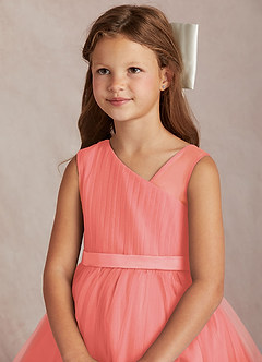 Azazie Lottie Flower Girl Dresses Coral A-Line One Shoulder Satin Dress image2