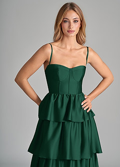 Azazie Faye Bridesmaid Dresses Dark Green A-Line Ruched Stretch Satin Dress image2