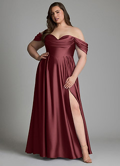 Azazie Loisa Robes de demoiselle d'honneur Robe Trapèze en Satin extensible Épaules dénudées Merlot image12