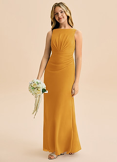 Azazie Floris Junior Robe Trapèze en Mousseline de soie Plissée Caramel écossais image1