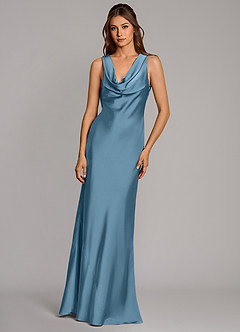 Azazie Cheryl Vestidos de damas de honor Vestido de Azul Acero de Satén Elástico de Corte Sirena image4
