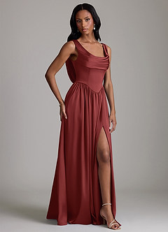 Azazie Novi Robes de demoiselle d'honneur Robe Trapèze en Satin extensible Avec poches Terracotta image5