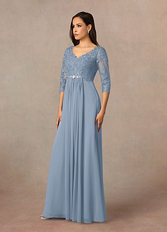 Azazie Hayek Mother of the Bride Dresses Dusty Blue A-Line V-Neck Lace Chiffon Dress image2