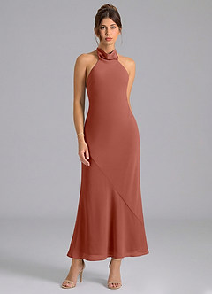 Azazie Velli 신부 들러리 드레스 인어 하이넥 쉬폰 발목 길이 드레스 image5