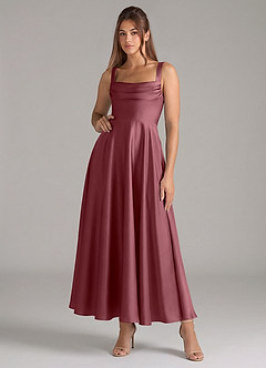 Azazie Shaude Bridesmaid Dresses Desert Rose A-Line Pleated Stretch Satin Dress image1