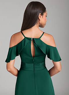 Azazie Dakota At-home Try On Dresses Emerald A-Line Off the Shoulder Stretch Satin Dress image6