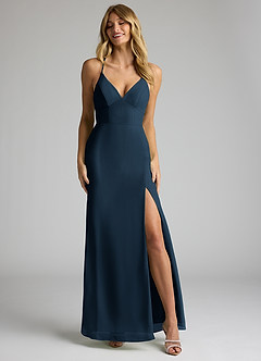 Azazie Becca Bridesmaid Dresses Dark Navy Sheath V-Neck Chiffon Dress image4