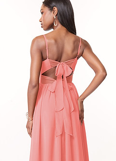 Azazie Zeya Bridesmaid Dresses Coral A-Line V-Neck Pleated Chiffon Dress image2
