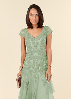 Azazie Romy Mother of the Bride Dresses Dusty Sage Mermaid V-Neck Sequins Tulle Dress image5