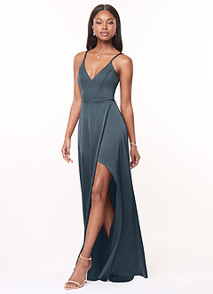 Azazie Maksim Bridesmaid Dresses Twilight A-Line V-Neck Stretch Satin Dress image4