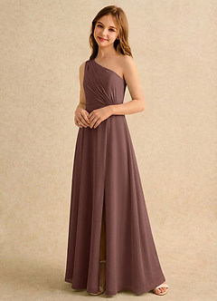 Azazie Puddles Junior Formal Robe Demoiselle D'honneur Fillette Robe Trapèze en Mousseline de soie Une épaule Expresso image4