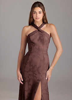 Azazie Rue Bridesmaid Dresses Espresso A-Line Pleated Floral Burnout Dress image5